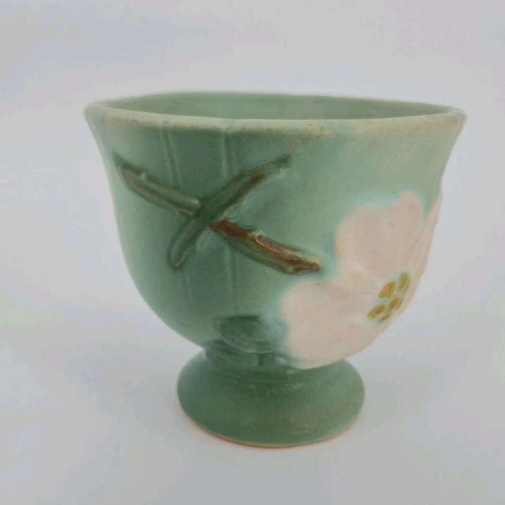 Vintage Weller Pottery Dogwood Flower Aqua Green Footed Vase Planter 4 In. Deco